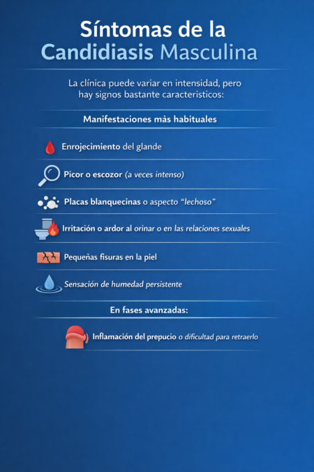 Síntomas de la candidiasis masculina en el pene: enrojecimiento, picor, placas blanquecinas y escozor